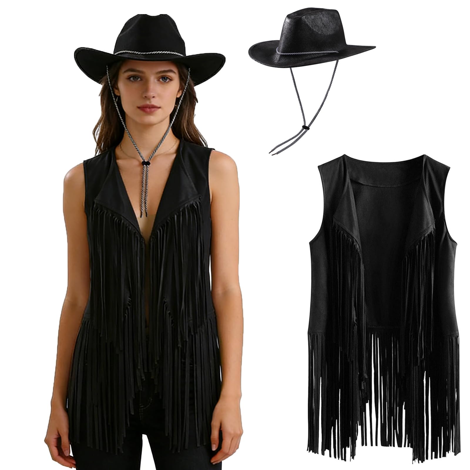 Women Cowgirl Costume Outfit Cowboy Hat Set Women's Tassel Vest 70s Fancy Dress Women Disco Top Hippie Clothes Costume Faux Suede Fringe Jacket Cardigan Sleeveless Jacket 60s Fancy Dress for Men Adult