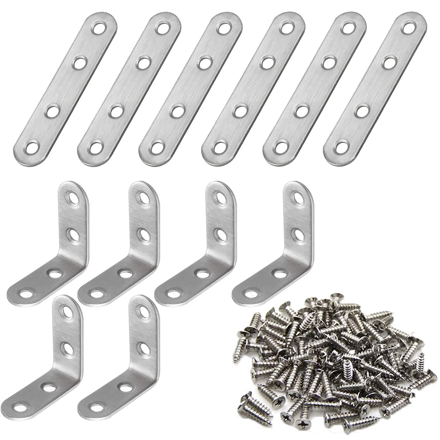 L Bracket, 12Pcs Brackets for Wood 6Pcs Right Angle Bracket(40 x 40mm) and 6Pcs Straight Brackets(76 x 16mm) with 48pcs Metal Screws for Wood Furniture Fixation