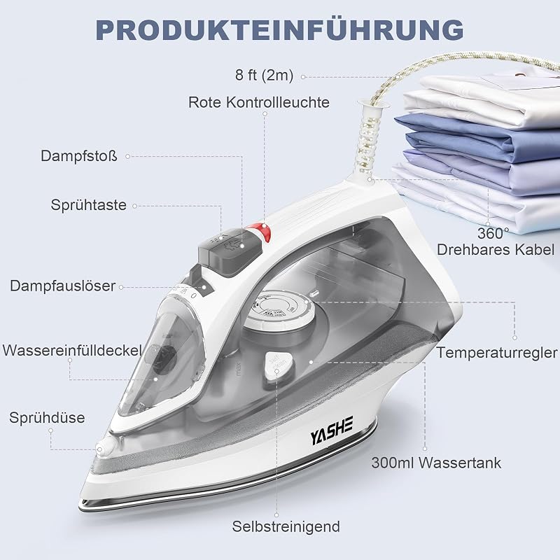 2300W Dampfbügeleisen mit Schnell Aufheizender Antihaft Bügelsohle, 300ml Wassertank, Konstante Dampfleistung 25 g/min, Dampfstoß 150 g/min, Selbstreinigung, Anti-Kalk & Tropf-Stopp-Funktion