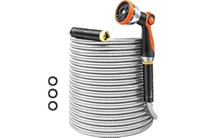 XXKJGUZI Garden Hose 50FT, Stainless Steel Water Hose with Nozzle, Flexible, Lightweight, Puncture Proof, Never Kink & Tangle, Heavy Duty Garden Hose for Yard and Outdoor