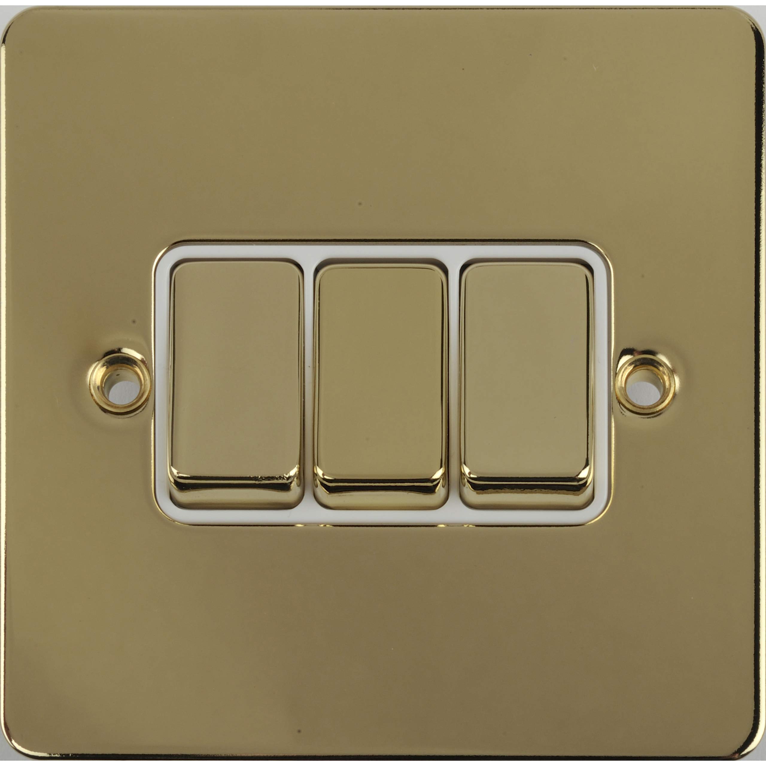 Schneider Electric Ultimate Flat Plate - 3 Gang Rocker 2 Way Light Switch, Single Pole, 16AX, GU1232WPB, Polished Brass with White Insert — image 1