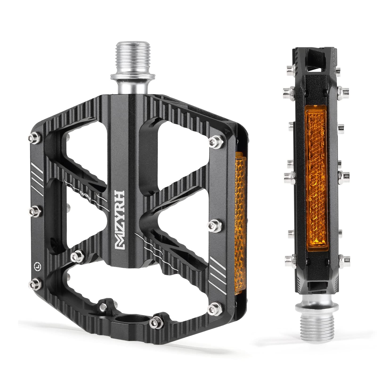 MZYRH Bicycle Pedals with Reflective Strips, Non-Slip MTB Pedals, CNC Aluminium Alloy Bicycle Pedals, 3 Sealed Bearings 9/16 Inch Pedals for Mountain Bike, Road Bike, MTB, E-Bike (Black)