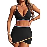 ZAFUL Women's High Waisted Bikini with Skirt Whip Stitch 2 Piece Swimsuits Tummy Control Bathing Suit