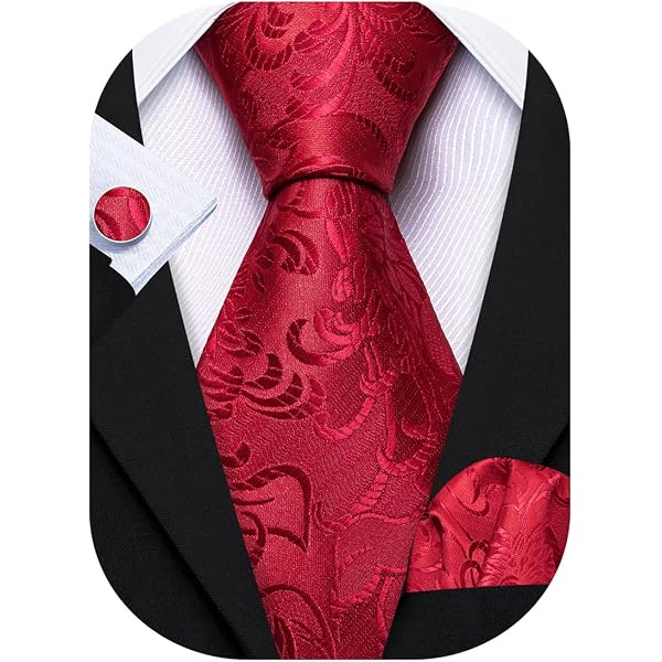 Hi-Tie Men’s Red & Black Jacquard Floral Paisley Tie Set With Hanky & Cufflinks – 100% Silk