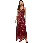Women's V Neck Spaghetti Straps Sequin Sparkly Glitter Irregular Hem Prom Dress Backless Maxi Evening Gowns