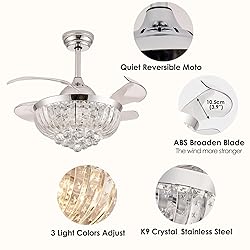 YPQXYHDA Dimmable Fandelier Crystal Ceiling Fan