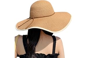 DRESHOW Big Straw Sun Hats for Women Floppy Foldable Roll up Beach Cap Sun Hat UPF 50+ Vacation Honeymoon Embroidered Hat
