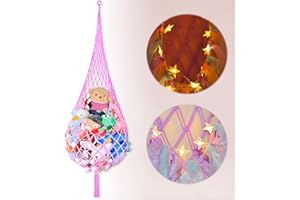 PAMAID Stuffed Animal Net or Hammock with LED Light, Toy Storage Hammock Hanging Stuffed Animal Storage Mesh Holder with Tassels for Kids Bedroom