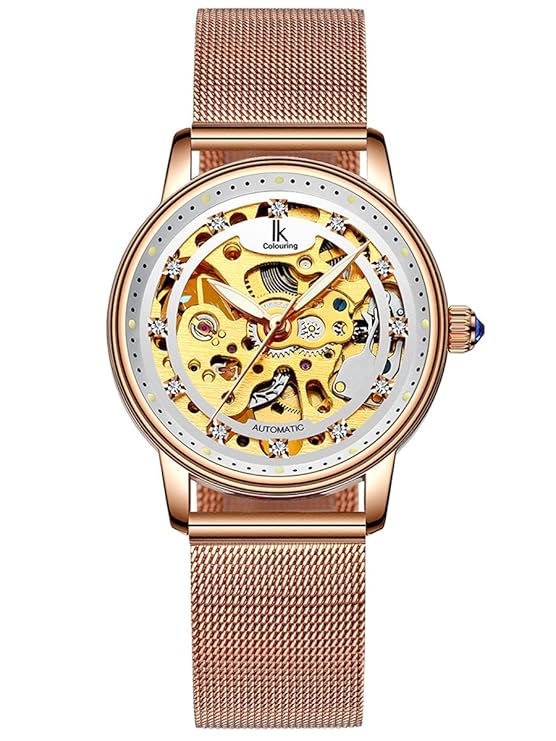 Alienwork IK Damen-Automatikuhr Skelett Glasboden Uhr mit Milanaise-Armband