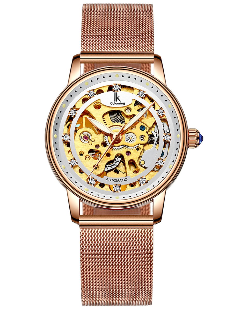 Alienwork Automatic Women's Watch Rose Gold Metal Mesh Strap White Skeleton Glass Bottom