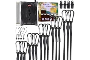 Jogtlyer Bungee Cords Set 28pcs Heavy Duty Outdoor Roll Bungie Cord Bundle with Carabiner Hooks 10" 18" 24" 36" 48" 60" Black Bungee Straps Ball Bungee Cords and Tent Clip