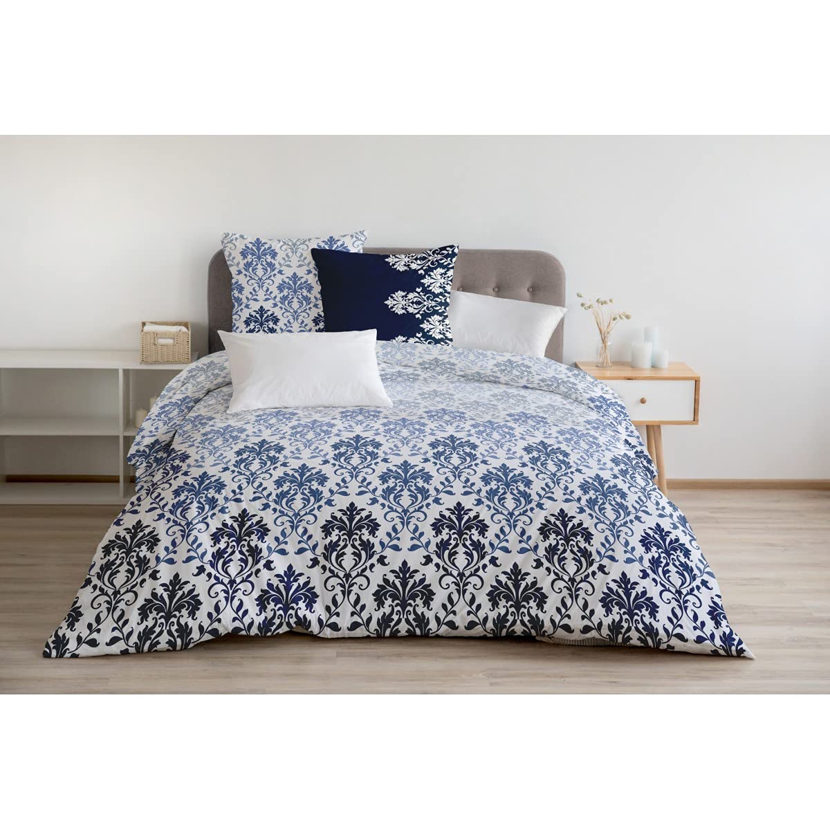 Home Linge Passion 3-Piece Bedding Set 240 x 260 cm 100% Cotton 57 Thread Count, Blue/White