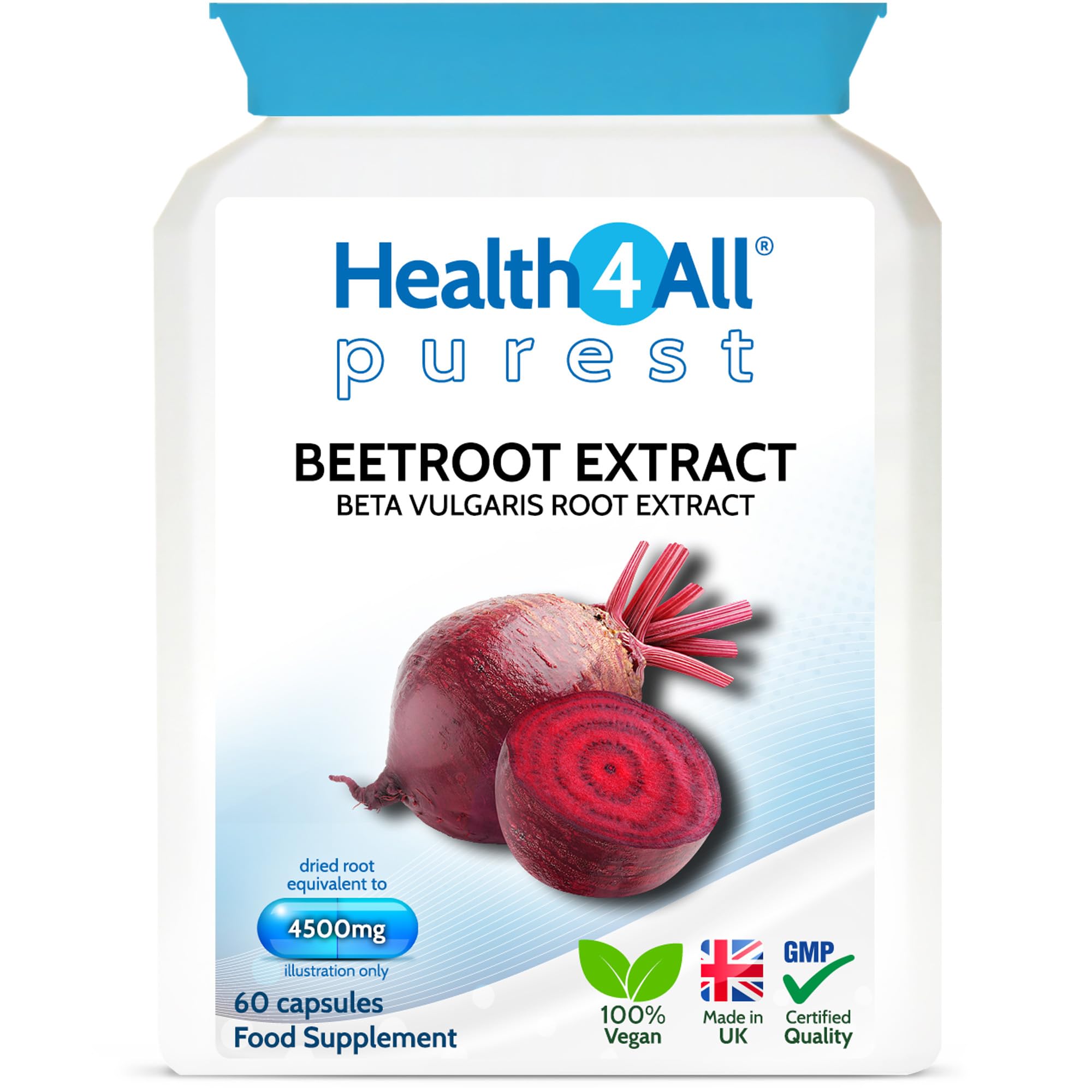 Health4All Beetroot Extract 4500mg per Capsule 60 Capsules (not Tablets) Purest: no additives Vegan Beta Vulgaris Supplement standardised to nitrates Contents, Blood Pressure Support | Made in UK