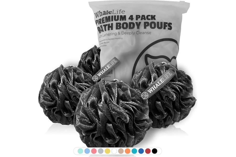 Shower Puff 4 Pack Black Bath Sponge Shower Loofahs Pouf Ball Nature Bamboo Charcoal Mesh Bulk Puffs Large, Shower Essential Skin Care by WhaleLife