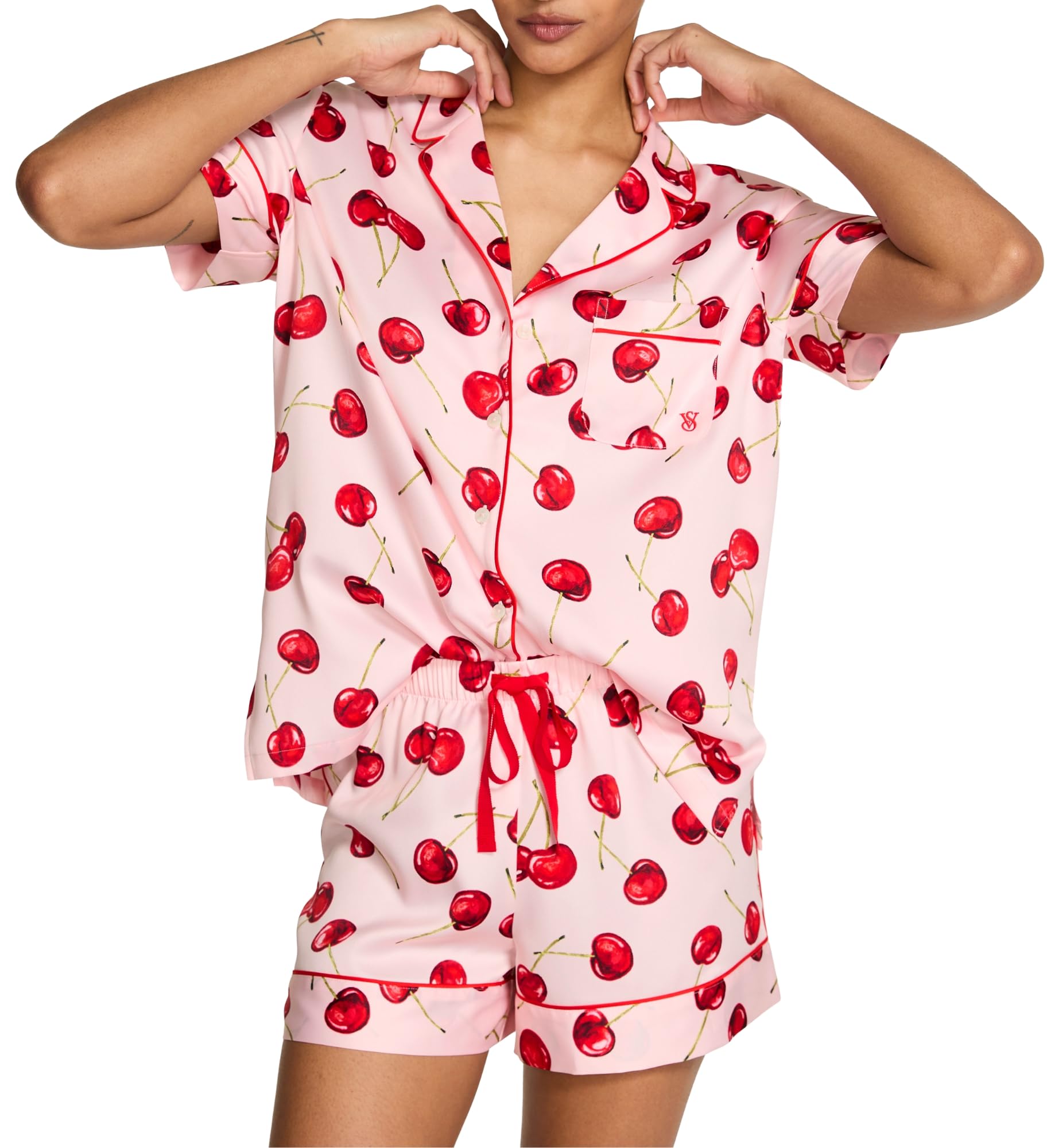 Victoria's Secret Satin Pajama Set, Short Sleeve Button Down & Shorts, Pajamas for Women, Exploded Cherries, XS Image