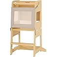 Bateso Basic Wooden Toddler Tower with Detachable Net, 3 Adjustable Height Toddler Kitchen Stool with Non-Slip Mats, Step Stool for Toddler, Toddler Step Stool for Kitchen Counter, Bathroom Sink