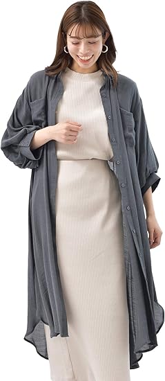 Amazon アール ピー エス R P S スラブボリューム袖バンドカラーワンピース M チャコールグレー ワンピース チュニック 通販