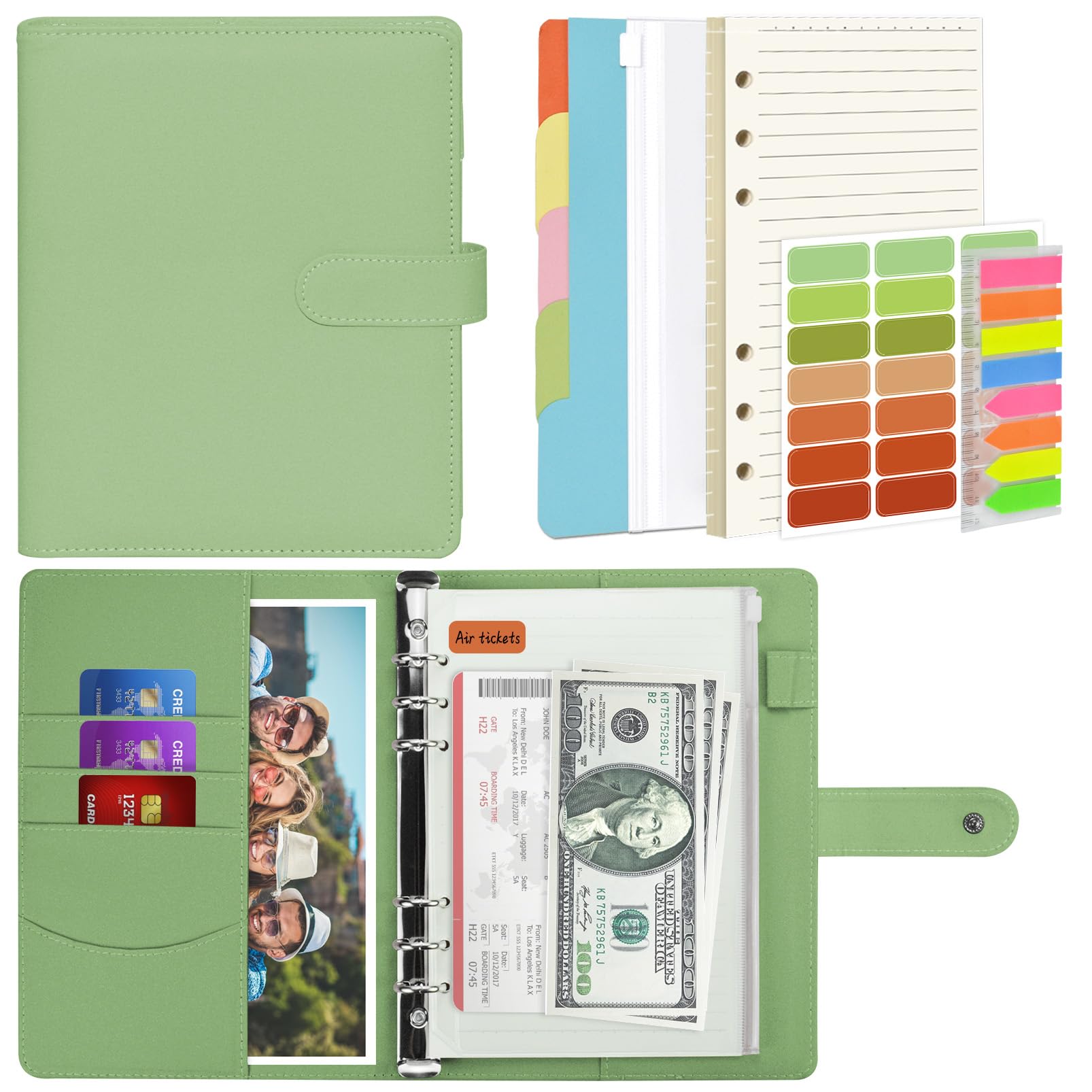 Mlife A5 Notebook Binder Set - 6 Ring PU Leather Planner,5 PCS File Divider,45 Sheets A5 Loose Leaf Paper,Label Stickers,Index Tabs and Clear Cash Envelopes,Personal Organizer Binder (Green)
