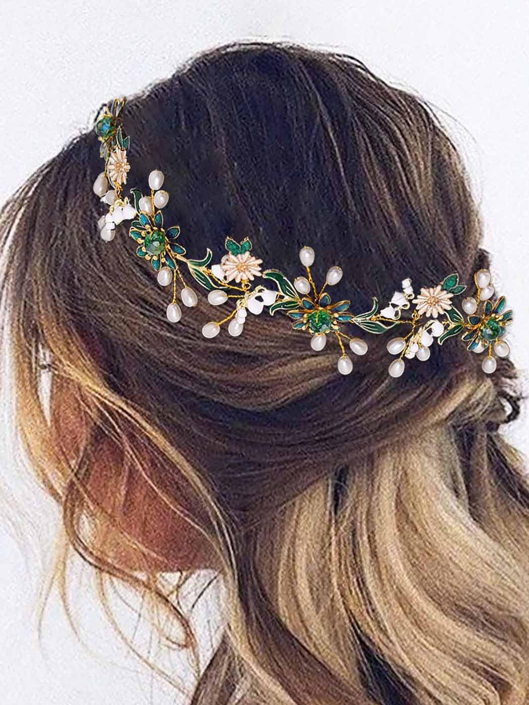 IYOU Bridal Wedding Hair Vine Green Flower Headpiece Daisy Pearls Headband Prom Party Hair Accessories for Brides and Bridesmaids