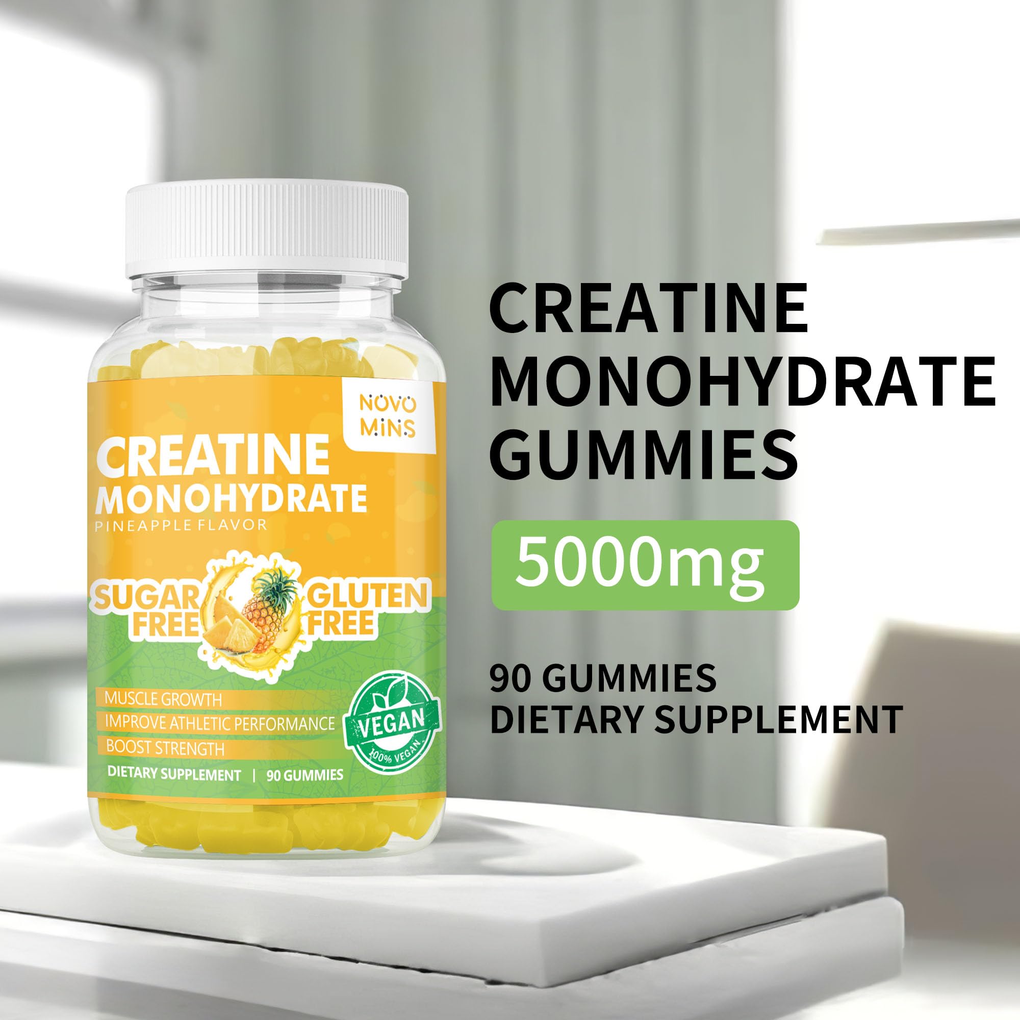 novomins Creatine Monohydrate Gummies for Men & Women, Chewables Creatine Monohydrate for Muscle Strength, Muscle Builder, Energy Boost, Pre-Workout Supplement(90 Count)-Pineapple Flavor.