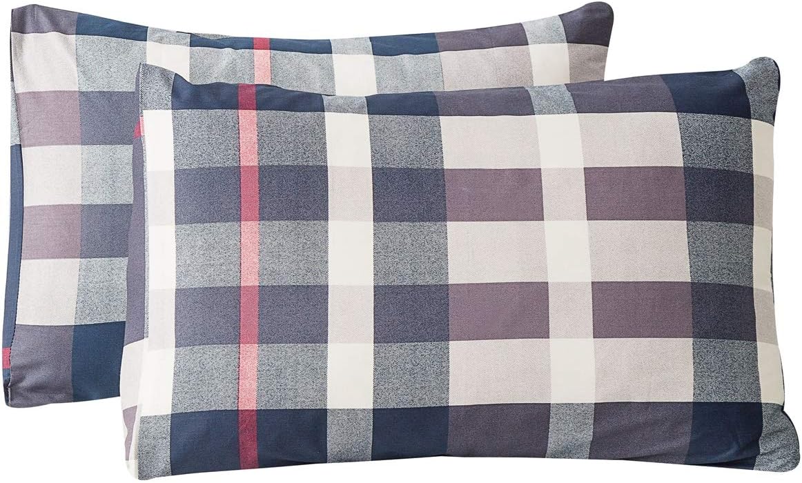 SUSYBAO Pillowcases Set of 2 Queen Size 100% Cotton Navy Plaid Bed Pillow Covers Tartan Pillow Protectors Checkered Pillow Cases Envelope Closure End Premium Quality Soft Comfortable, 20 in x 26 in
