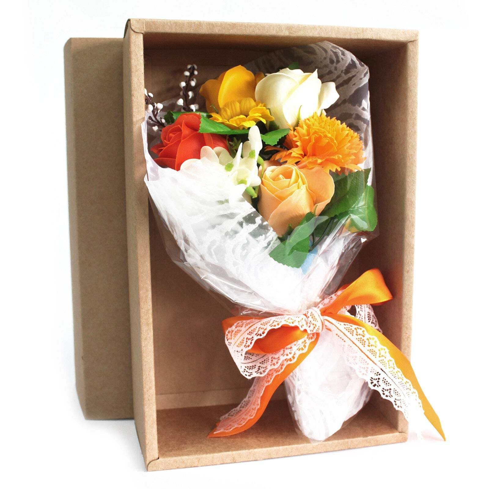 Boxed Soap Flower Bouquet - Orange - Approx 25x13x6cm