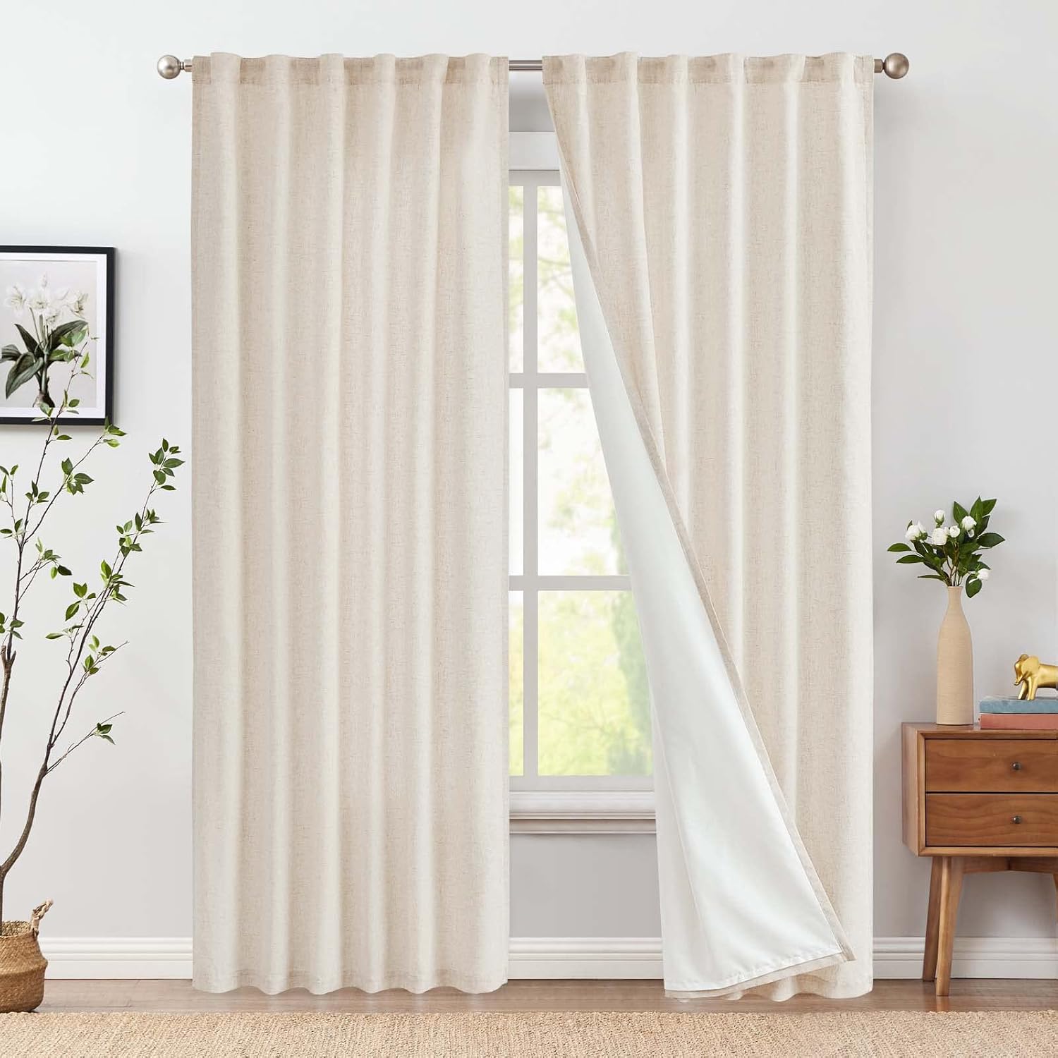 Window Treatments - jinchan Linen Beige Curtains 84 Inches Long for Living Room Farmhouse Rod Pocket Back Tab Light Filtering Window Drapes with Lined for Bedroom Crude 2 Panels Ecru