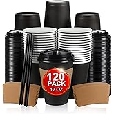 RAZCC 120 Pack 12 oz Paper Coffee Cups Set, Disposable Black Coffee Cups with Lids, Sleeves and Stirring Sticks, Fit For Cold and Hot Drinks