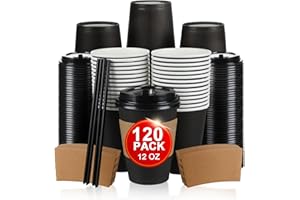 RAZCC 120 Pack 12oz Paper Coffee Mugs for Hot Chocolate Drinks, Disposable Black Coffee Mugs, Set of Four Including Cup, Lid,