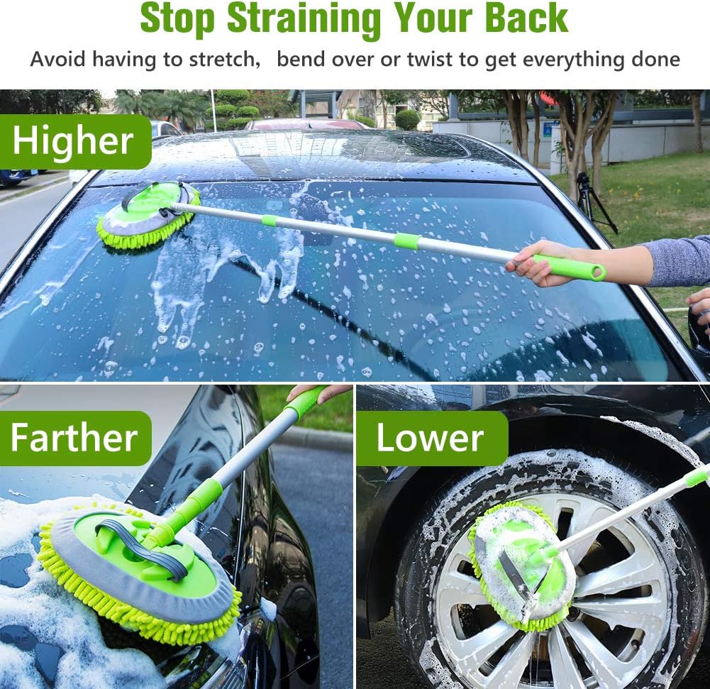 2 in 1 Chenille Microfiber Car Wash Brush Mop Mitt with 45" Aluminum Alloy Long Handle, Car Cleaning Kit Brush Duster, Not Hurt Paint Scratch Free Cleaning Tool Dust Collector Supply for Washing Truck: Automotive