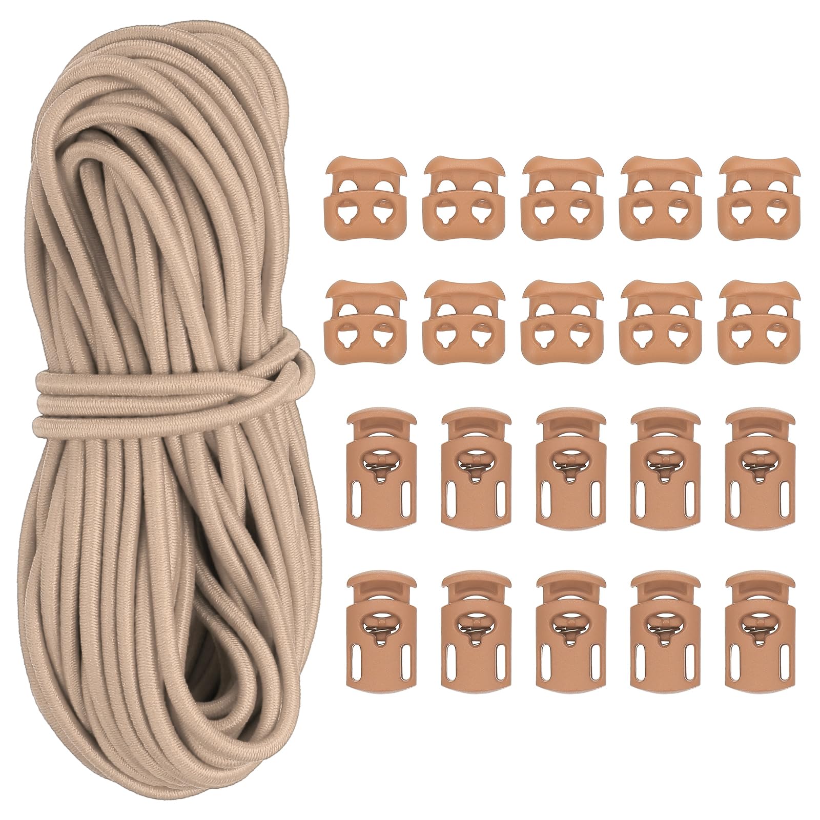 PATIKIL 16 Yard Elastic Bungee Cord & 10pcs Single Hole Cord Lock & 10pcs Double Hole Spring Toggle Stopper for Paracord Drawstring Shoelace Clothing Backpack Bags, Khaki