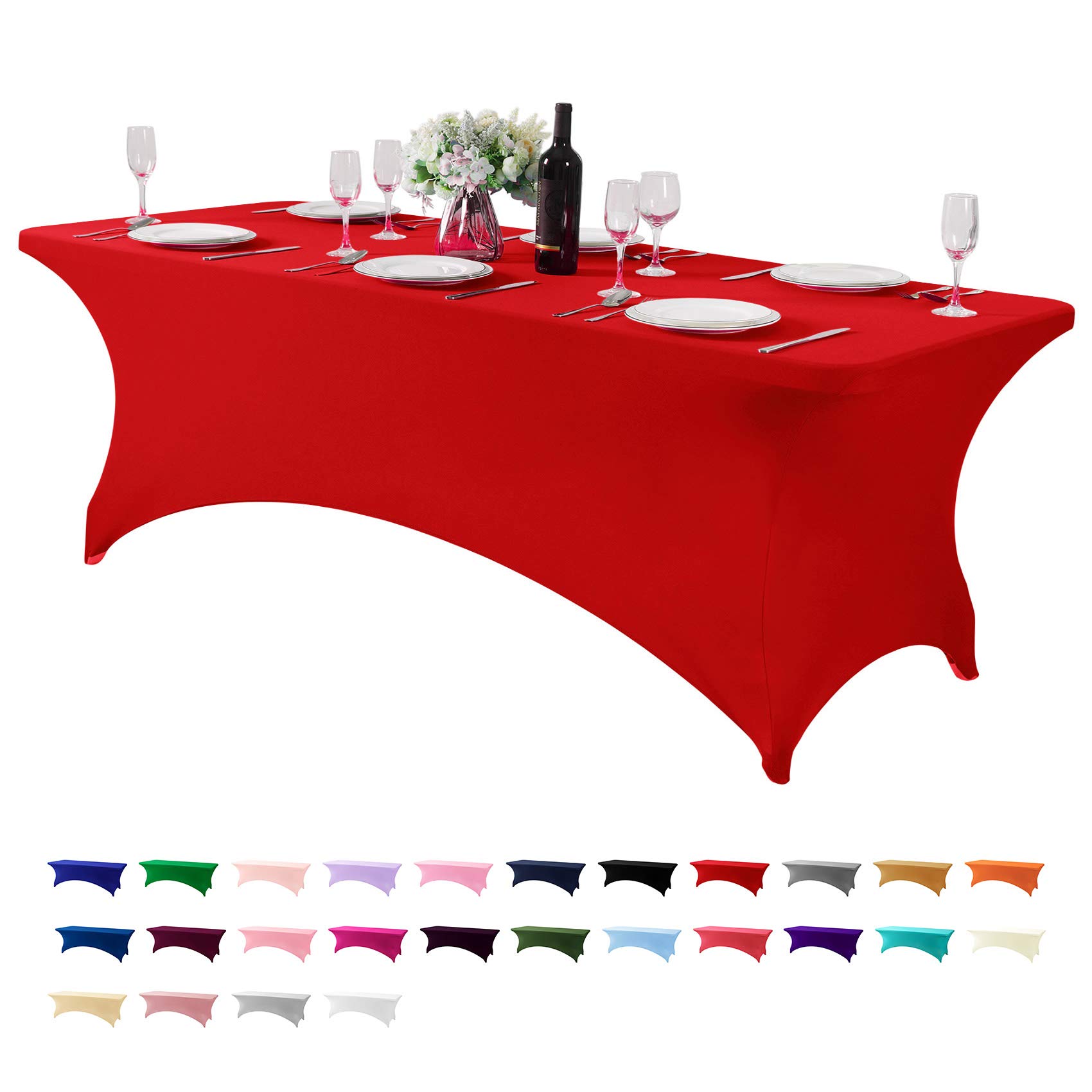 Photo 1 of Hezuzo Spandex Table Cover for 8FT or 4ft or 6ft Table Universal Fitted Stretch Tablecloth for Party, Banquet, Wedding and Events-Red