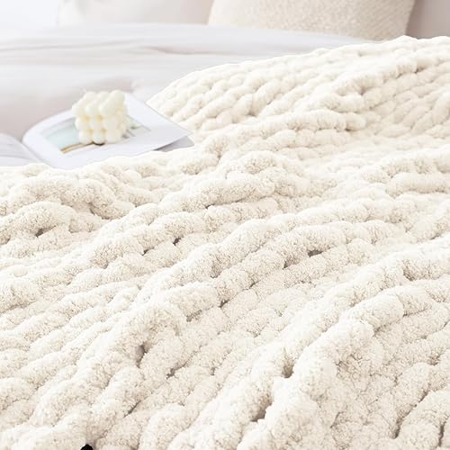 WRENSONGE Chunky Knit Blanket Throw Ivory Large Soft Fluffy Cable