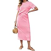 Tankaneo Womens Crochet Cover Up 2 Piece Skirt Sets Short Sleeve Knit Top Midi Skirt Vacation Travel Outfits