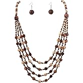 MILAKOO Wood Beads Necklace & Earrings for Women Chunky Multi-Layering Choker Necklace Ear Pendant