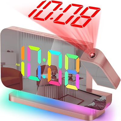 SZELAM Projection Alarm Clock 7.4in LED Mirror RGB Night Light USB-C Rose Gold