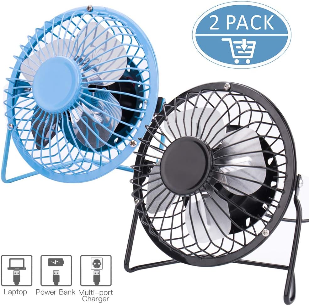 Ezire USB Desk Personal Fan, 2 Pack Mini USB Table Fan Small Quiet Fan, Metal Design for Home Office Personal Cooling (Black & Blue)