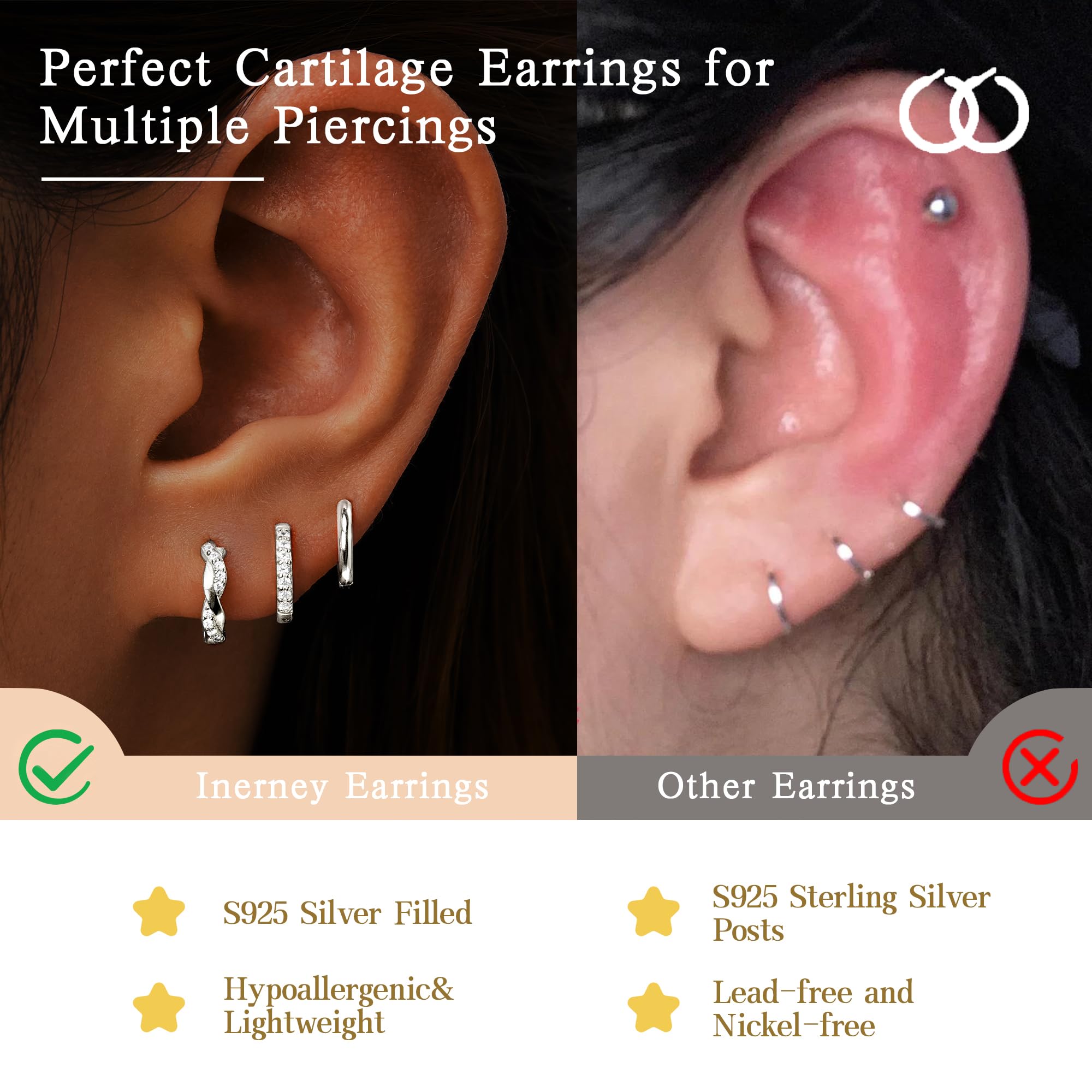 Inerney Gold Huggie Hoop Earrings Set for Women, Dainty Small Sterling Silver Earring Stacks Hypoallergenic Jewelry for Multiple Piercings, Trendy Twisted Cute Cartilage Hoops Birthstone Gift 3 Pairs