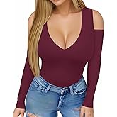 HERLOLLYCHIPS Womens Long Sleeve Tops Deep V Neck Cold Shoulder Tight Fitted Sexy Casual Fall Winter Tee T-Shirts