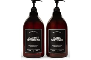 Calindiana Modern Farmhouse Liquid Laundry Detergent and Fabric Softener Dispenser for Laundry Room Decor and Organization, PET Plastic Landry Soap Containers with Water Resistant Labels, Amber 64oz