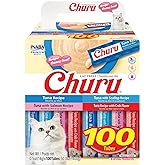 INABA Churu Cat Treats, Lickable, Squeezable Creamy Purée with Vitamin E, 0.5 Ounces per Tube, 100 Tubes Total, Tuna Variety
