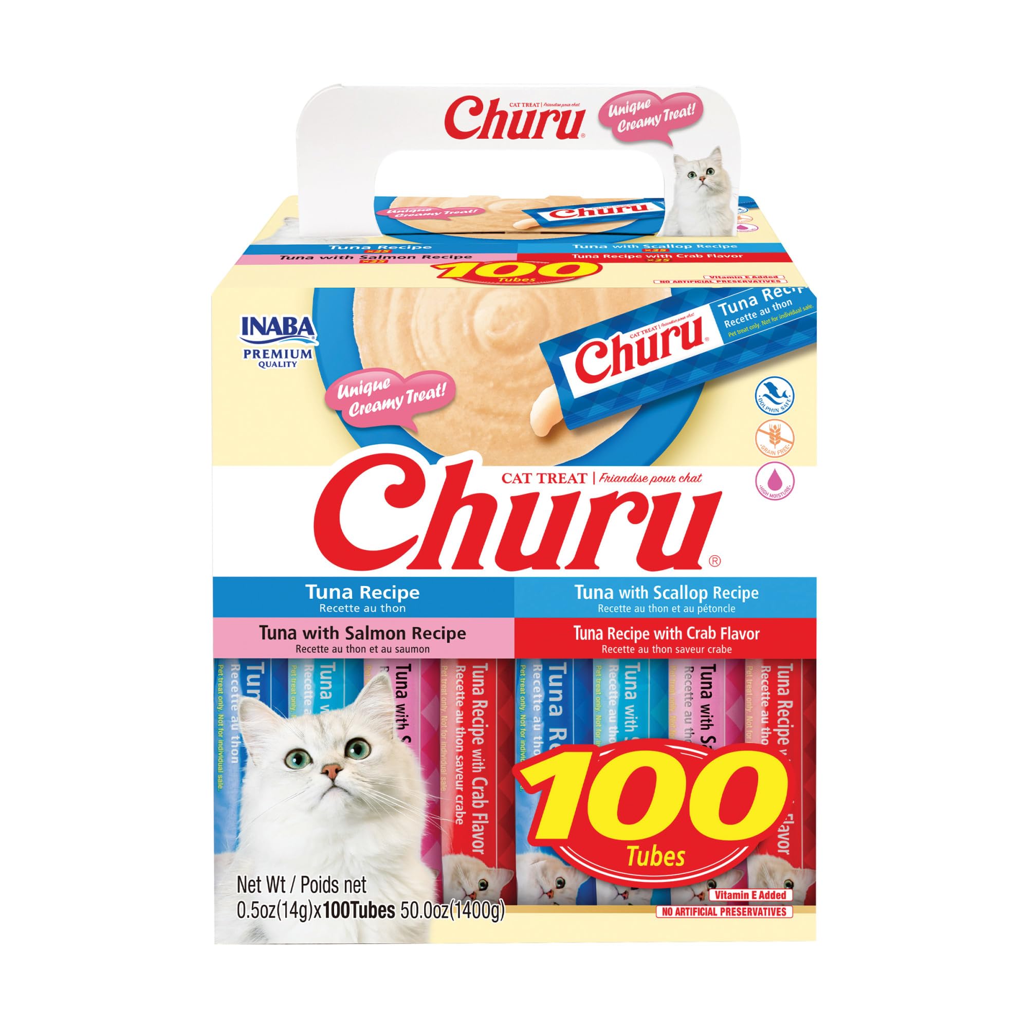 INABA Churu Cat Treats, Lickable, Squeezable Creamy Purée with Vitamin E, 0.5 Ounces per Tube, 100 Tubes Total, Tuna Variety Image