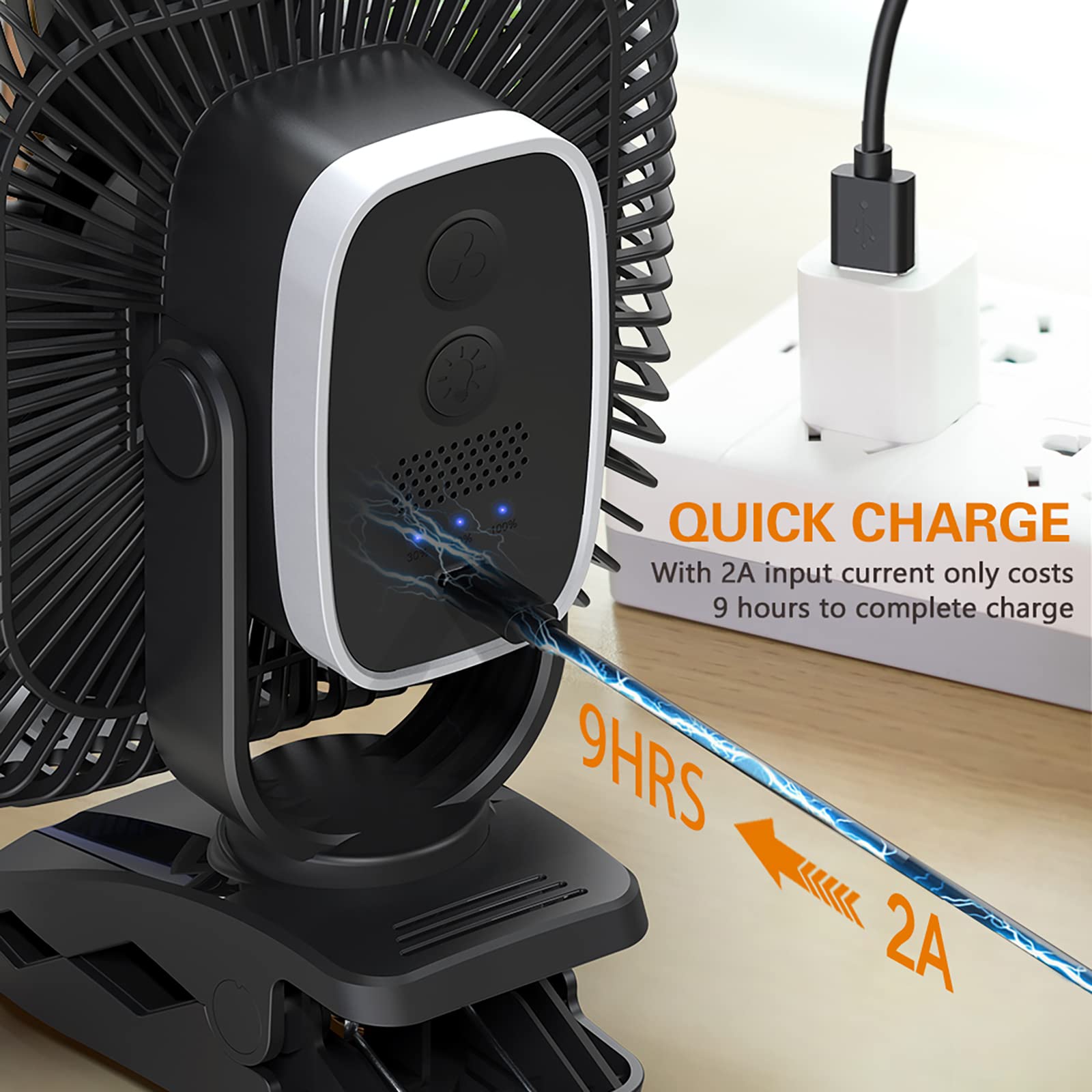 Rechargeable Portable Fan with Light, 8-inch Battery Operated Clip on, 20000mAh 78 Hours Work Time, Quiet, Strong Airflow USB, 4 Speeds Personal, Ideal for Outdoor Camping Hurricane