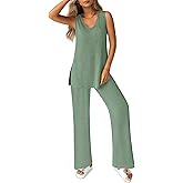 Ekouaer Women's 2 Piece Lounge Set 2025 Summer Matching Sets Sleeveless V-neck Tank Top Long Pants Pajamas Knit Outfits