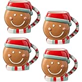Christmas Whimsy Gingerbread 3-D Mugs Set of 4 – 18 oz. Holiday Cocoa Mugs with Sculpted Gingerbread Faces, Candy Cane Handles & Santa Hats – Ceramic Christmas Drinkware for Hot Beverages