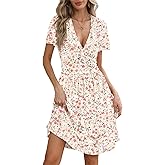 YSYOKOW Women's Summer Faux Wrap V Neck Midi Dress Short Sleeve Casual A-Line Sundress with Pockets for Beach Party Work