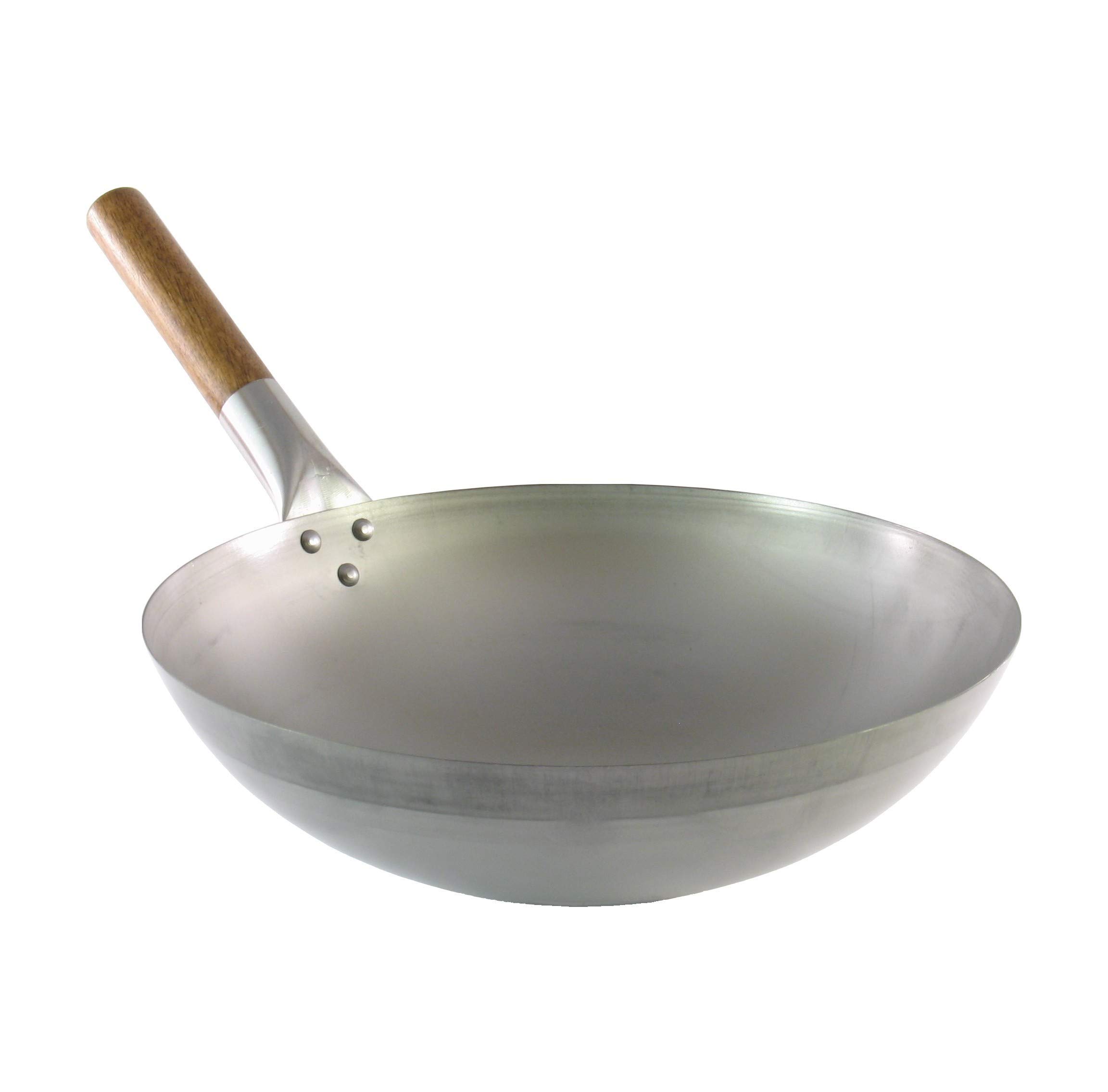 Traditional Carbon Steel Wok – Professional Quality – Round Base – Wooden Handle - Diameter 32.5 cm