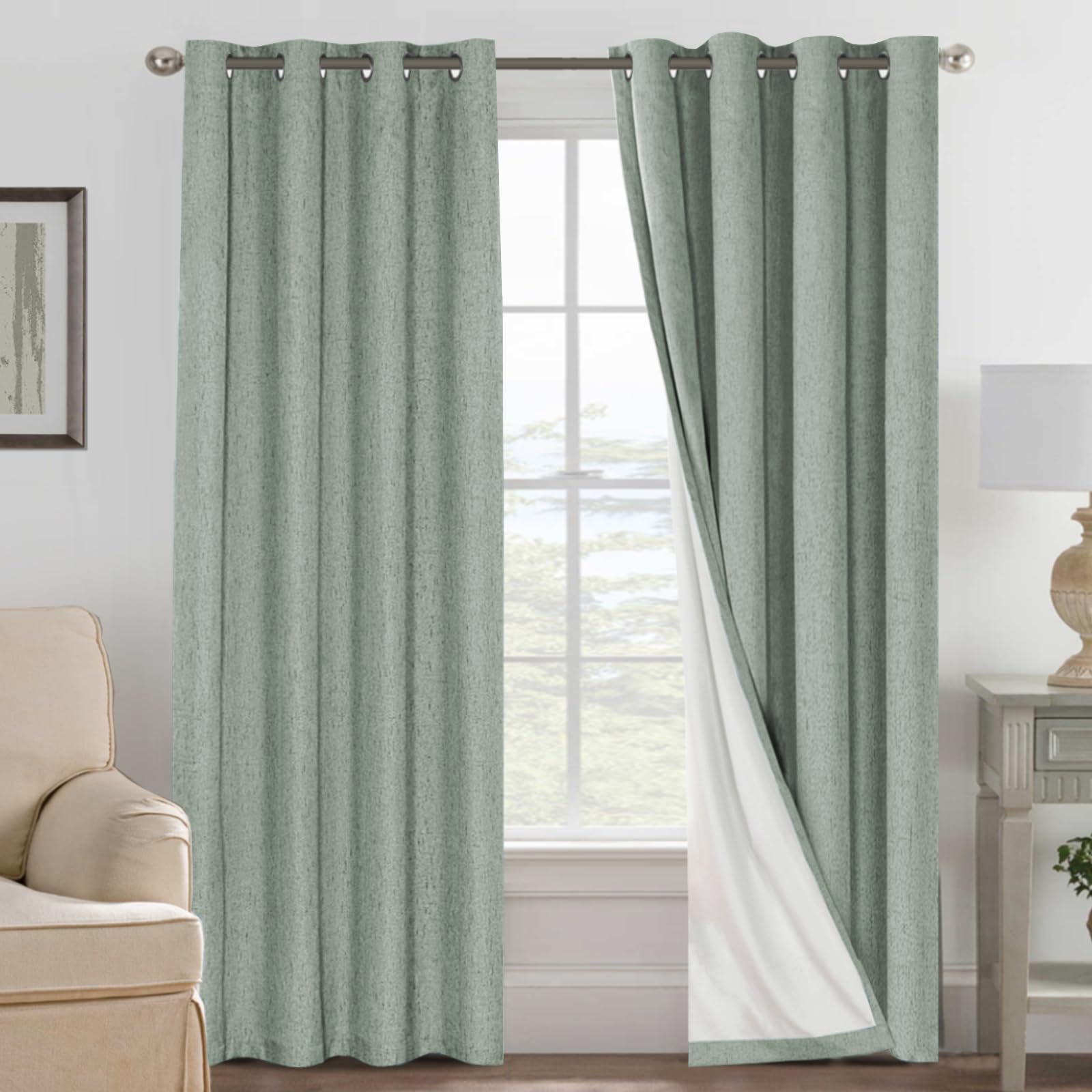 Photo 1 of H.VERSAILTEX 100% Blackout Curtains for Bedroom Thermal Insulated Linen Textured Curtains Heat and Full Light Blocking Drapes Living Room Curtains 2 Panel Sets, 52x96 - Inch, Green Bay