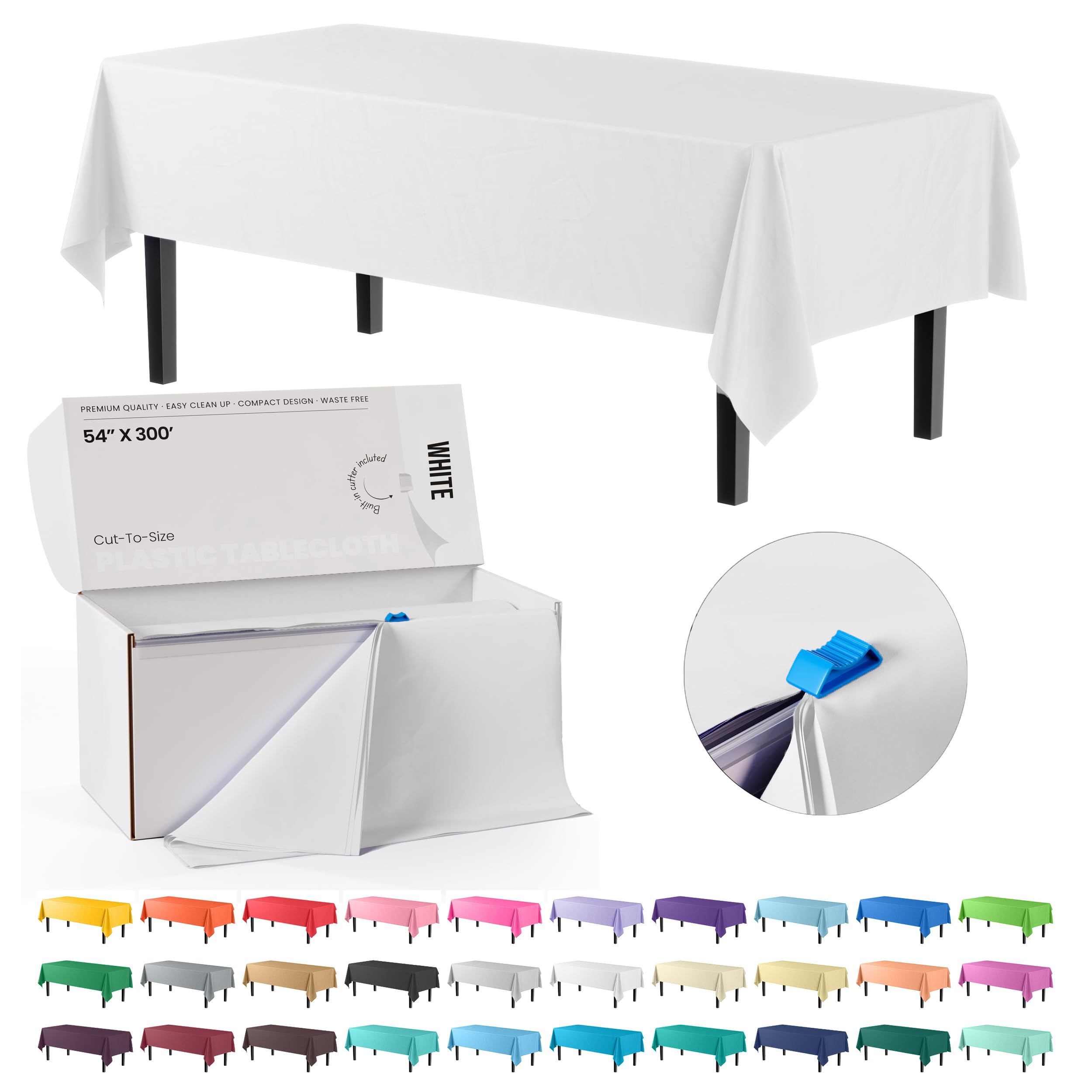 Photo 1 of Exquisite Party Solids 54 Inch X 300 Feet White Plastic Table Cover Roll in A Cut - to - Size Box with Convenient Slide Cutter. Cuts Up to 36 Rectangle 8 Feet Plastic Disposable Tablecloths