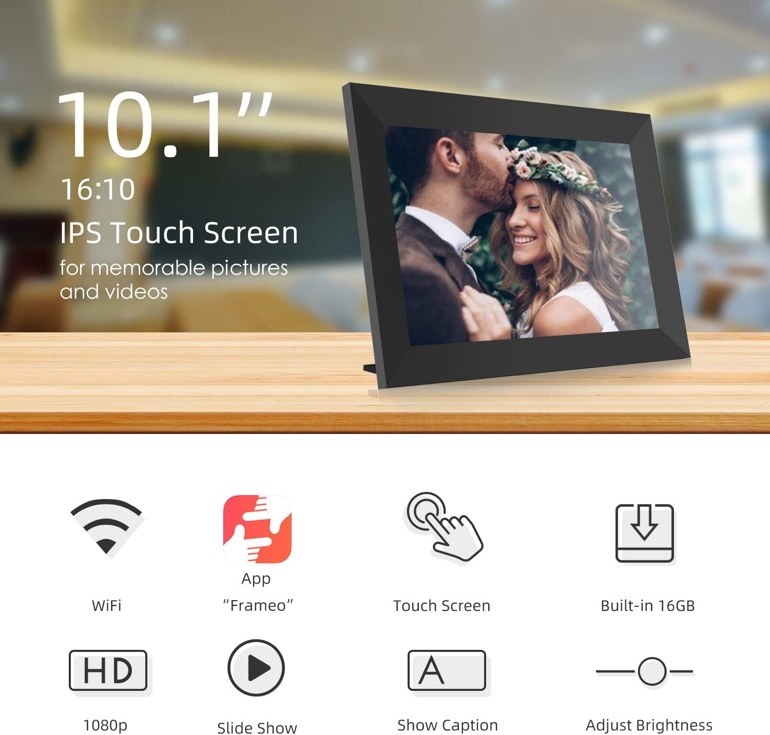Jeemak Digital Picture Frame 10.1 inch WiFi Photo Frame with HD IPS Touch Screen Portrait or Landscape Stand Auto-Rotate Share Photos and Videos via App at Anytime and Anywhere : Electronics
